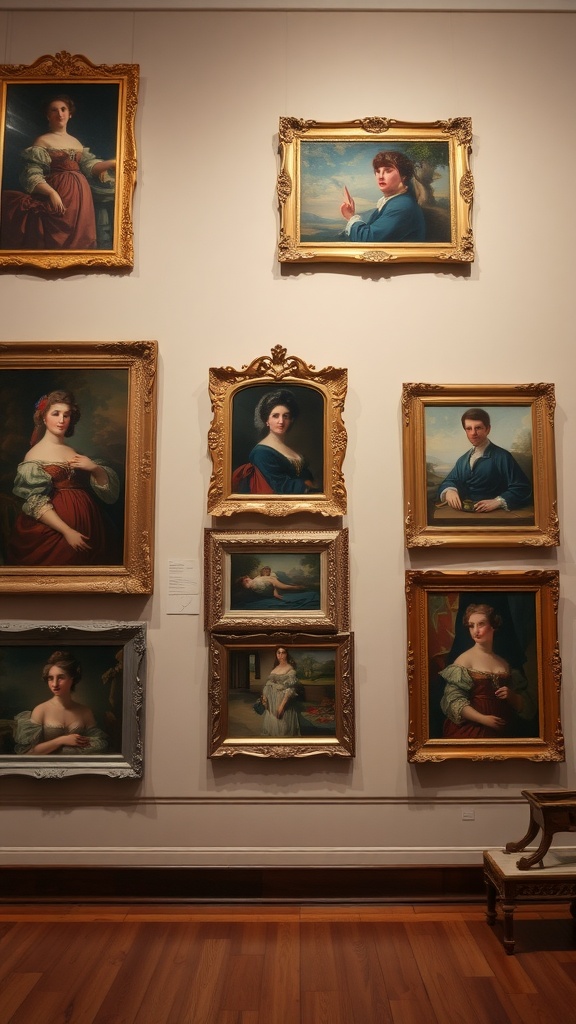 A wall displaying a collection of vintage portraits in ornate frames.