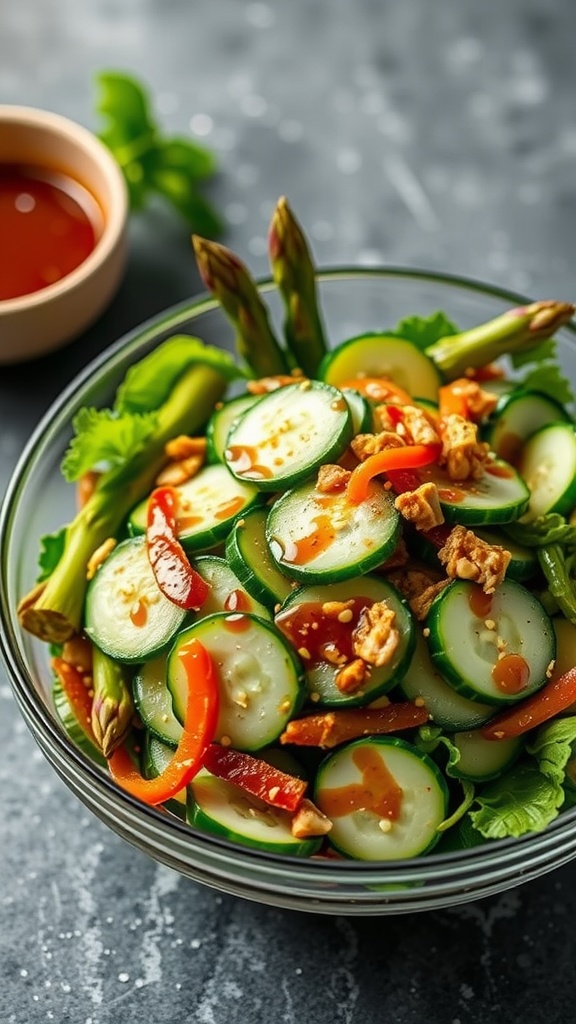 A colorful Asian-inspired asparagus salad featuring cucumbers, bell peppers, and a flavorful dressing.
