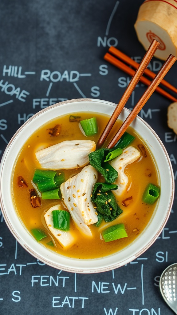 Bowl of Asian-inspired chicken soup with chicken slices, green onions, and a flavorful broth