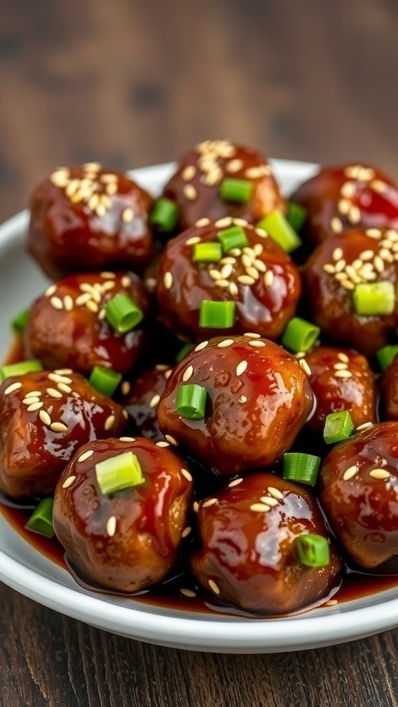 A plate of Asian glazed meatballs garnished with green onions and sesame seeds.