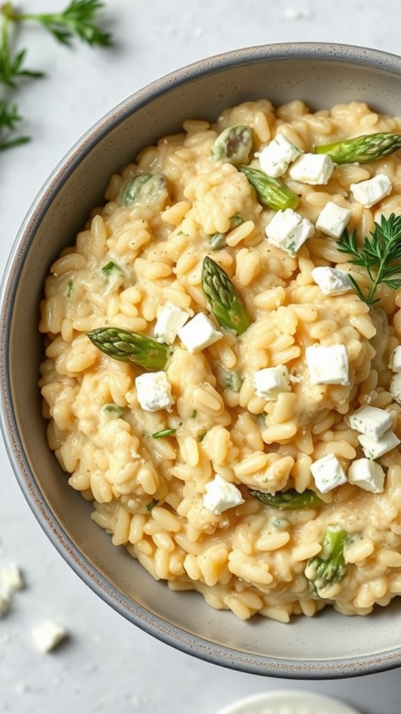 A creamy dish of risotto featuring asparagus and blue cheese.