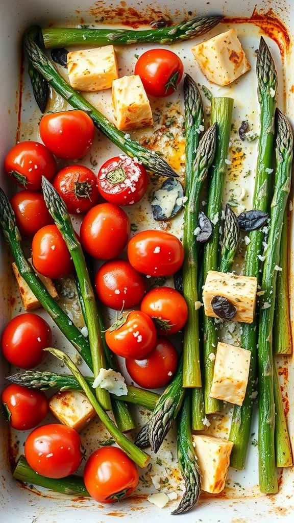 Baked asparagus and cherry tomatoes with cheese.