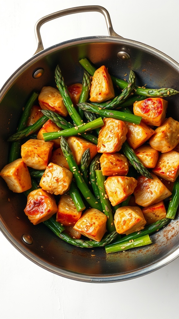 A colorful stir-fry featuring asparagus and chicken pieces in a pan.