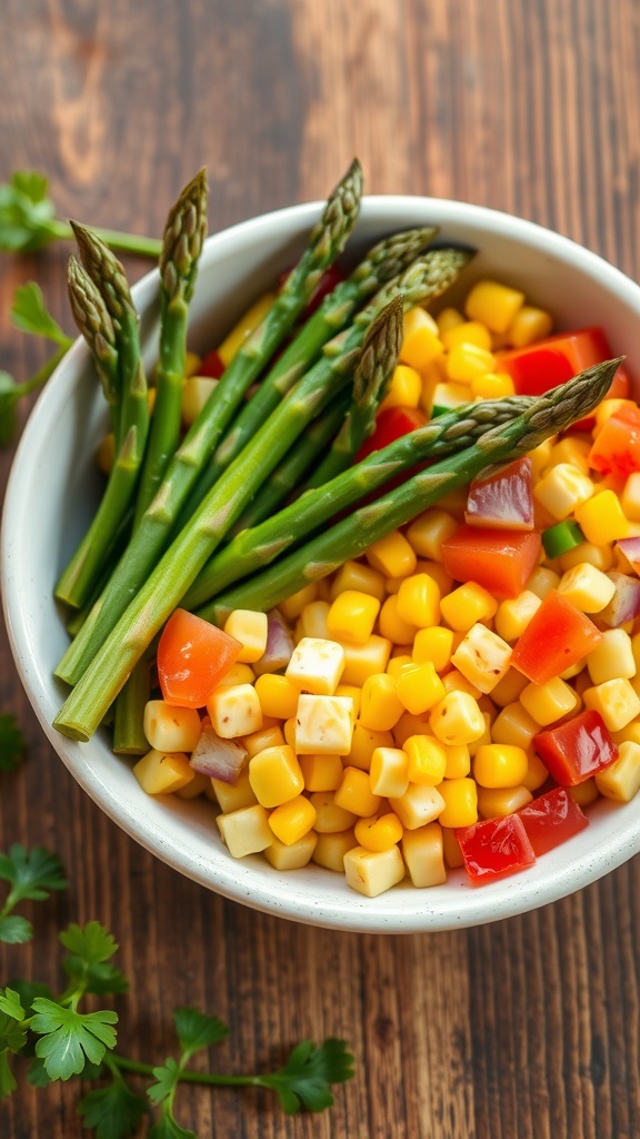 A vibrant asparagus and corn salad with diced peppers and tomatoes.