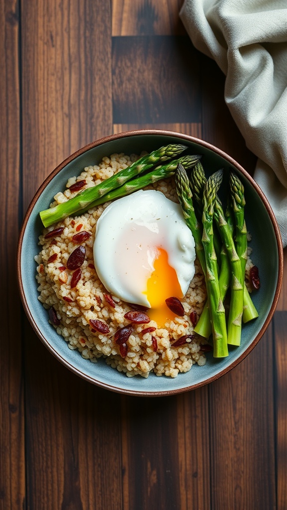 A bowl featuring quinoa, poached egg, and asparagus