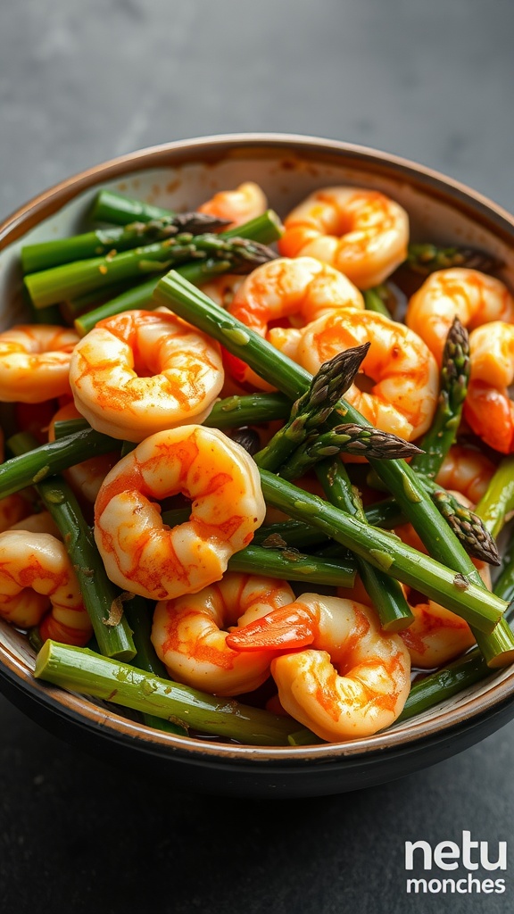 A bowl of asparagus and shrimp stir-fry with garlic and sauces.