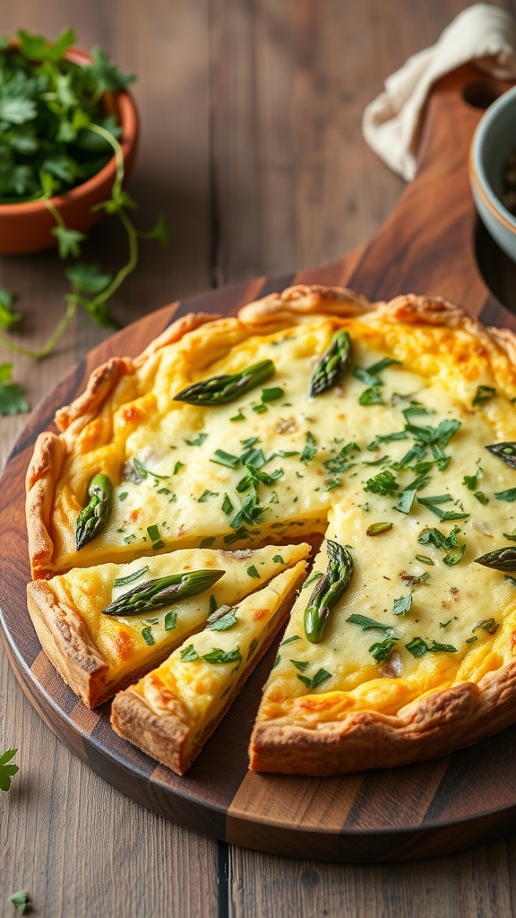 A delicious asparagus frittata topped with fresh herbs, sliced and ready to serve.