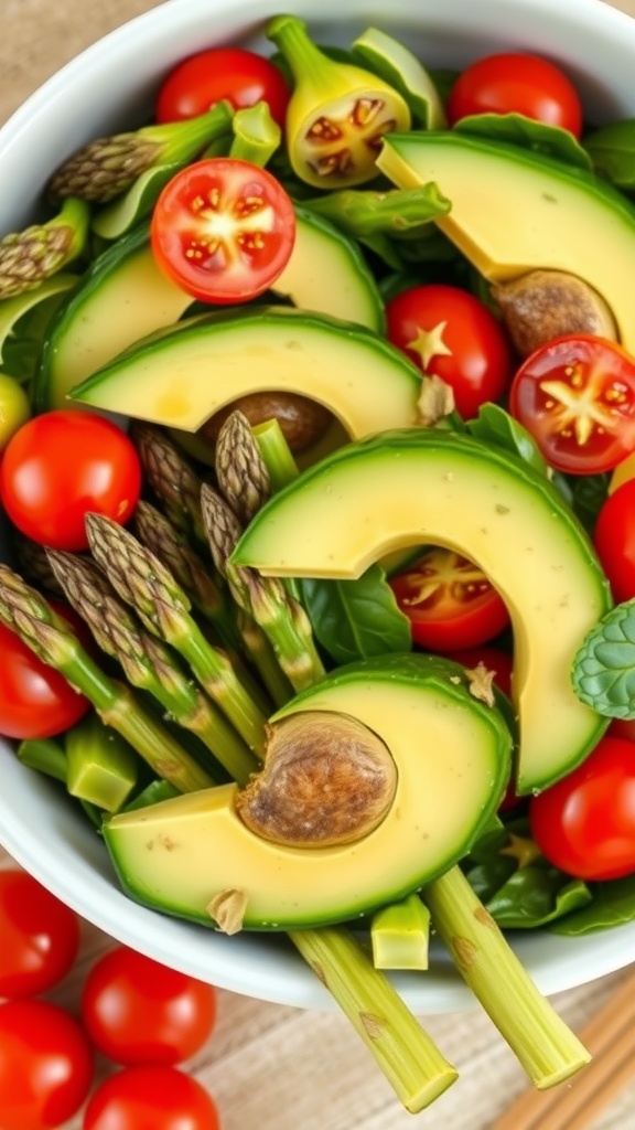 Asparagus Salad with Avocado featuring fresh greens, cherry tomatoes, and sliced avocado