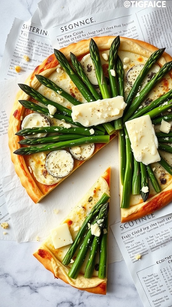 A delicious asparagus tart made with puff pastry, topped with ricotta cheese and asparagus spears.