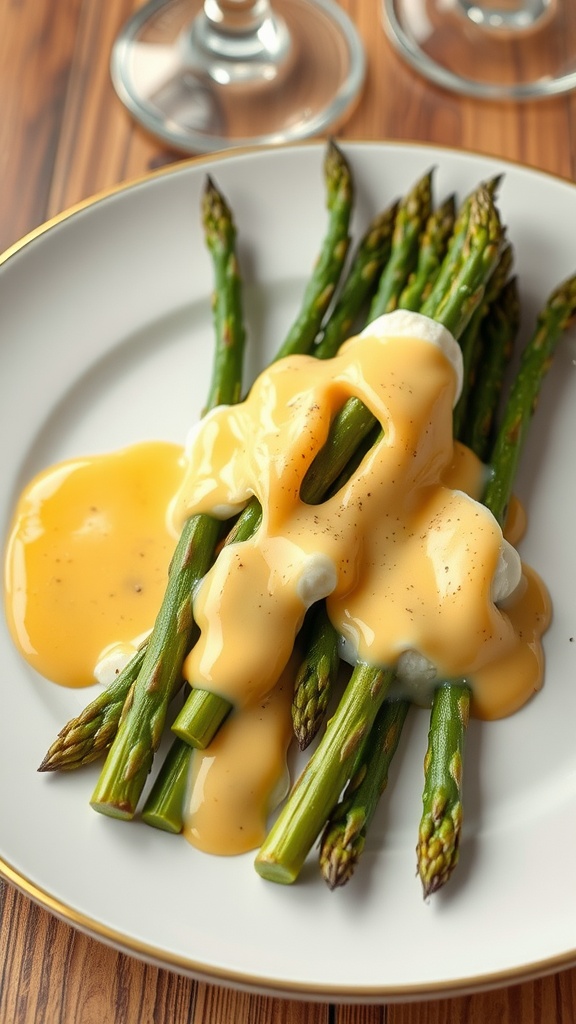 Tender asparagus drizzled with creamy Hollandaise sauce on a white plate.
