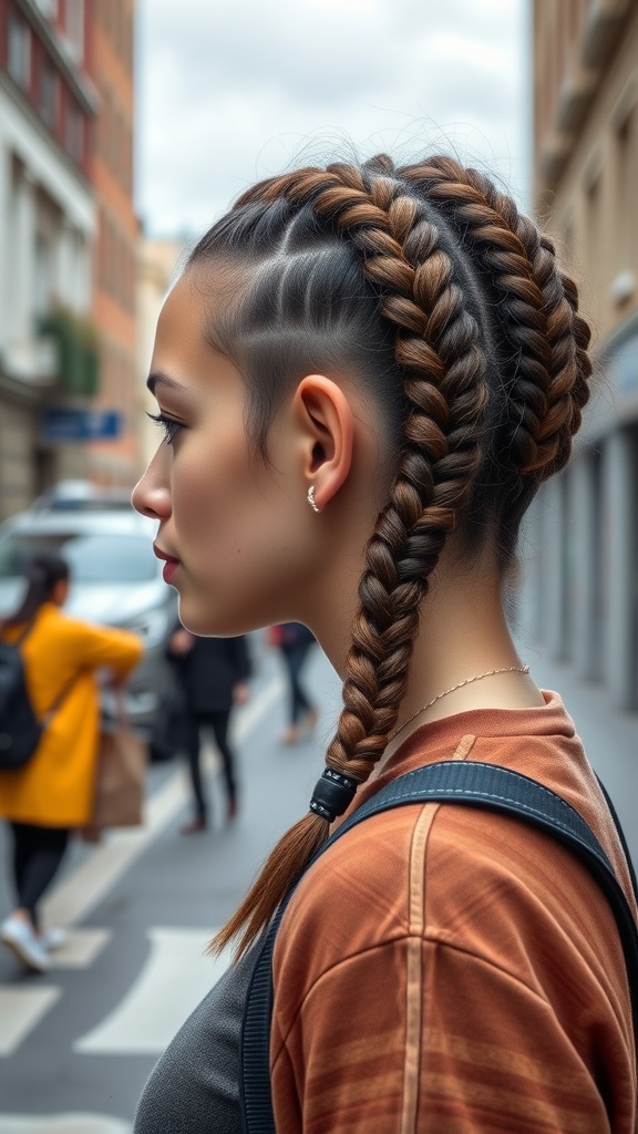 A person with asymmetrical box braids styled in a street setting.