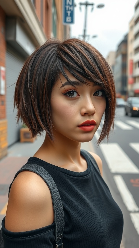 A woman with an asymmetrical choppy bob hairstyle, featuring longer front strands and shorter back strands.
