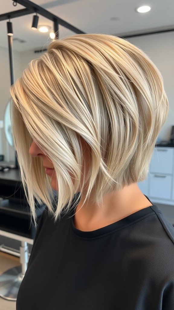 Model with medium length asymmetrical haircut featuring soft layers.