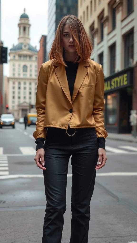 A woman with an asymmetrical long bob hairstyle, wearing a golden jacket and standing in an urban setting.