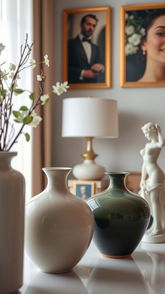 Decorative accessories including vases, a lamp, and a statue in an elegant setting.