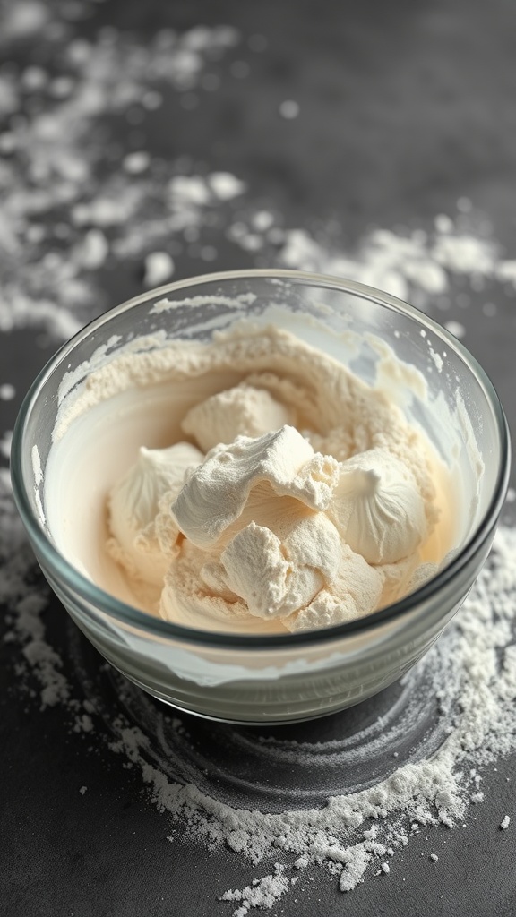 A bowl containing flour mixed with water for sourdough bread preparation.
