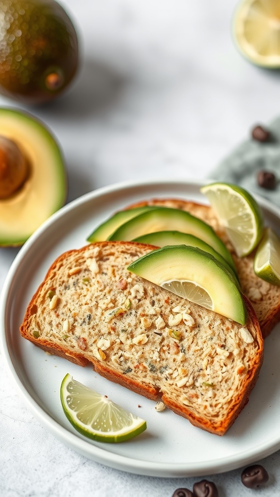 slices of avocado and lime bread on a plate with fresh avocado and lime slices