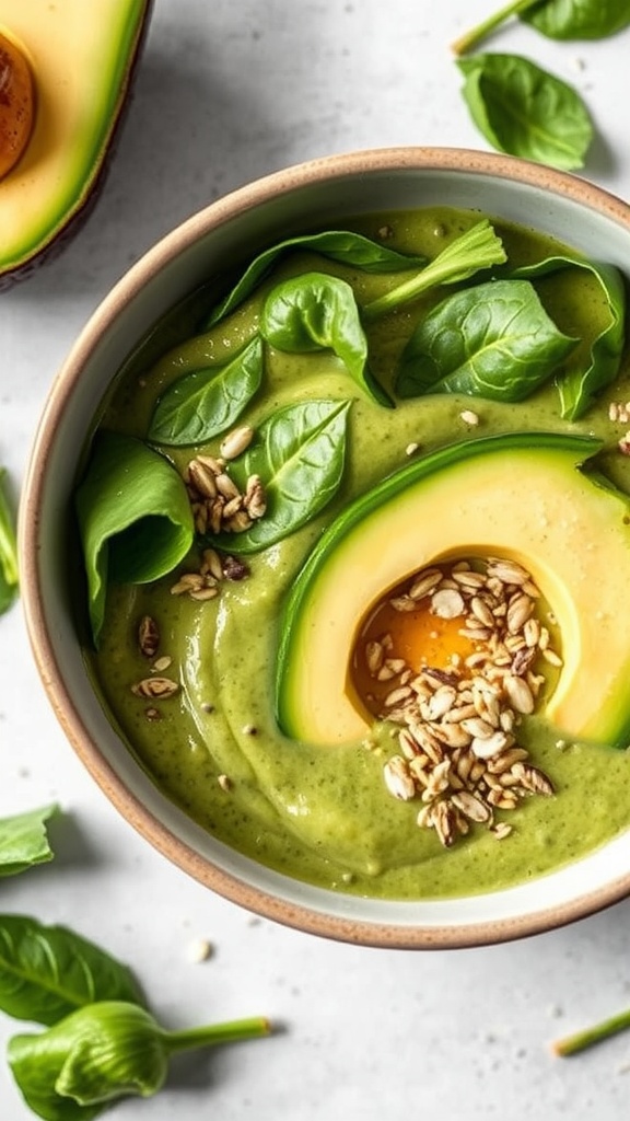 A creamy avocado and spinach smoothie topped with avocado slices and seeds.