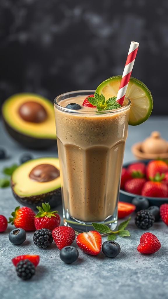 A glass of avocado berry smoothie with fresh berries and avocado halves in the background.