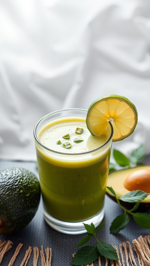 A refreshing avocado citrus cream smoothie in a glass with a garnish of lime.