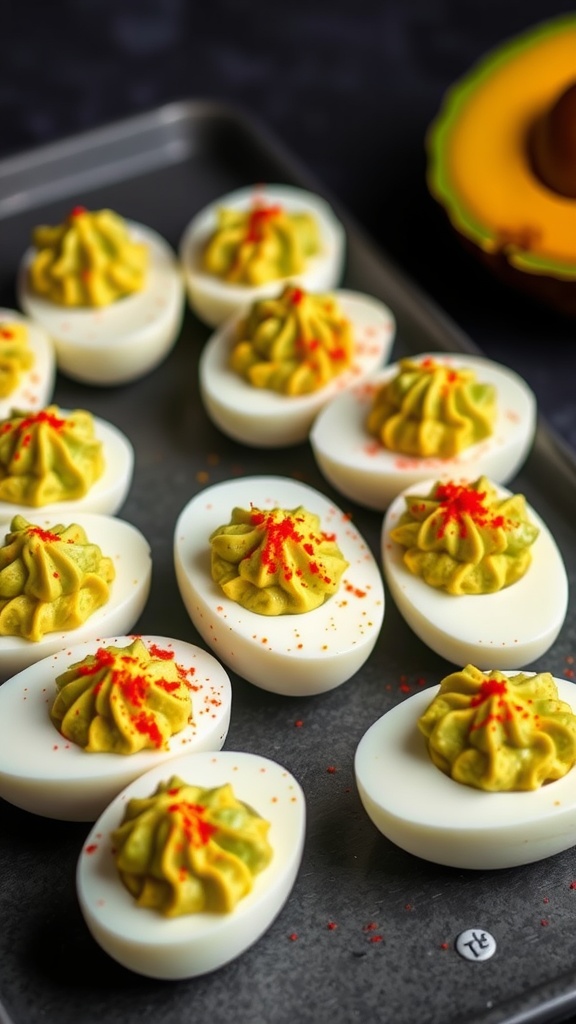 Delicious avocado deviled eggs with a sprinkle of paprika on top.