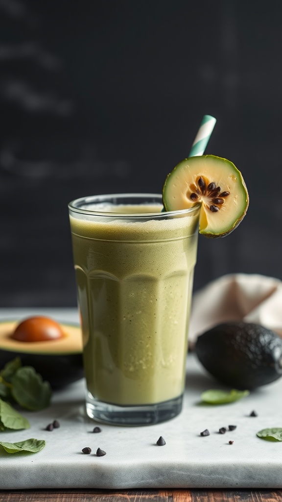 A glass of creamy avocado spinach smoothie garnished with a slice of fruit and a straw.