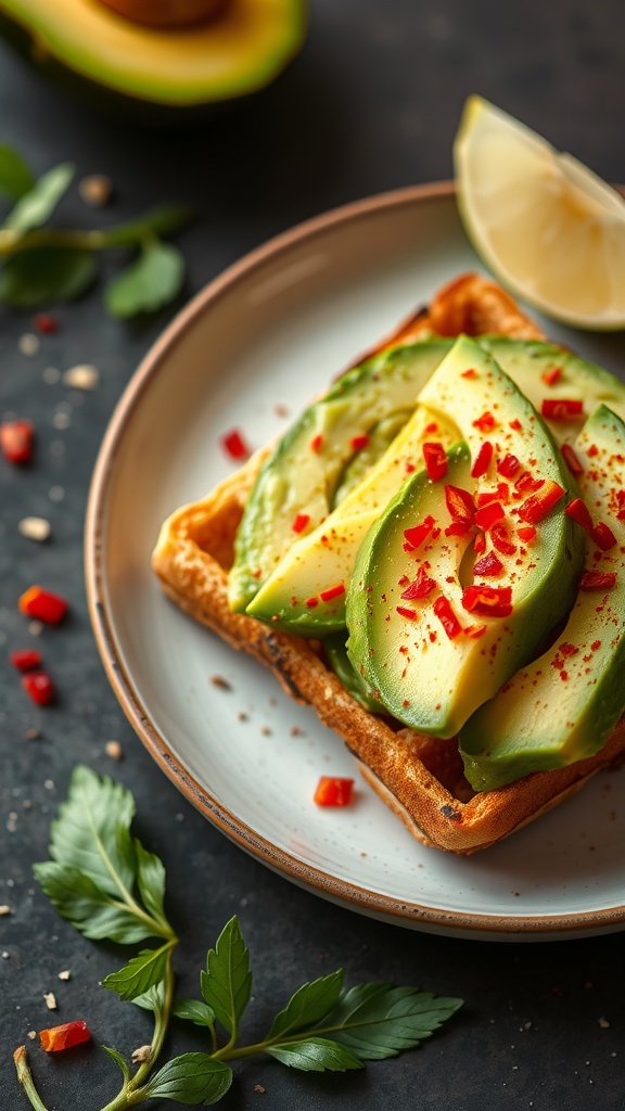 A chaffle topped with slices of avocado and red pepper flakes on a plate.