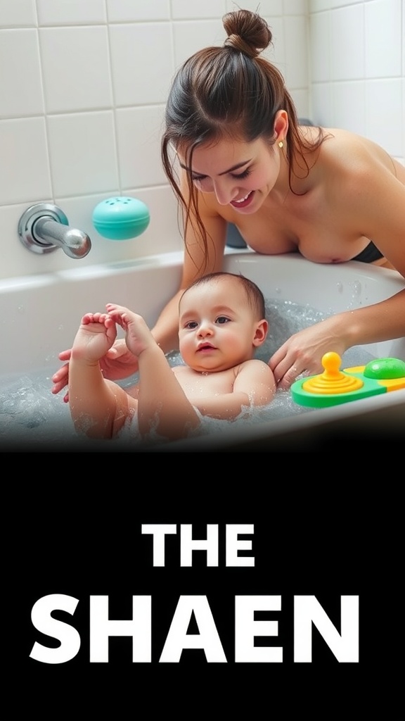 A mother enjoying bath time with her baby, showcasing a playful atmosphere.