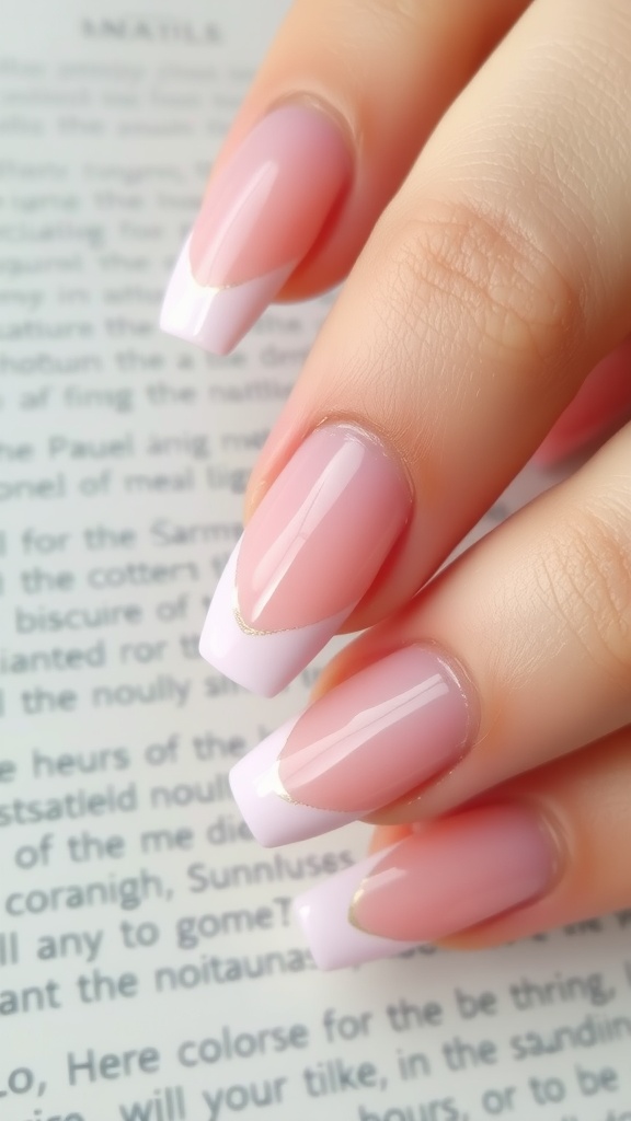 A close-up of baby pink French tip nails with gold accents on a light background.