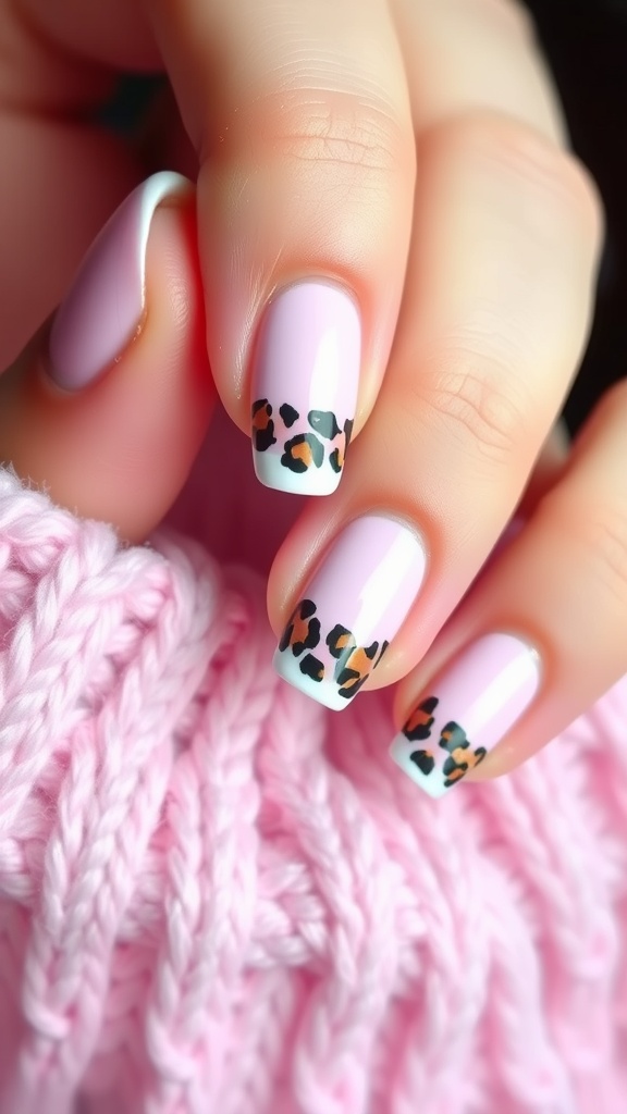 Baby pink French tip nails featuring leopard print accents.