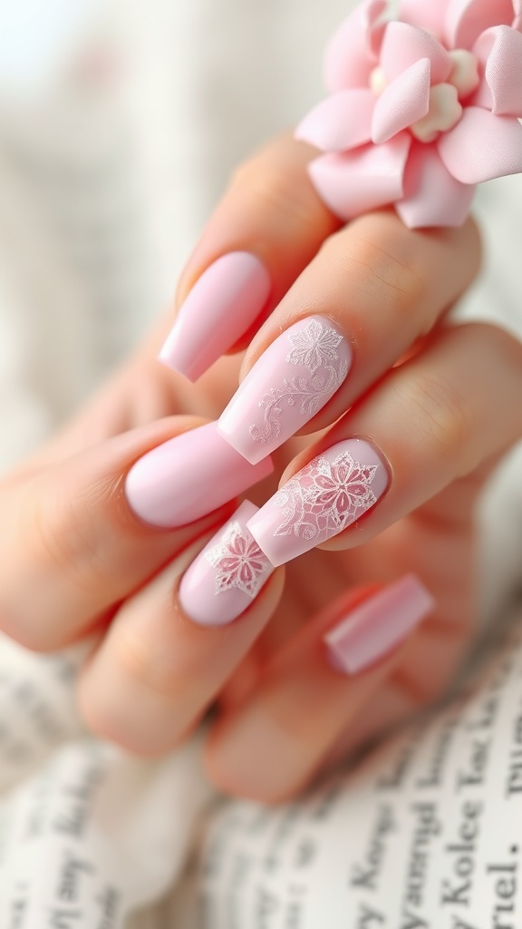 Close-up of baby pink French tip nails featuring a lace design.