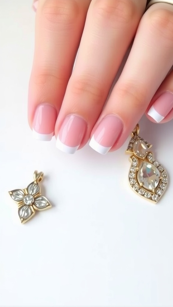 A hand with baby pink French tip nails and matching golden accessories.