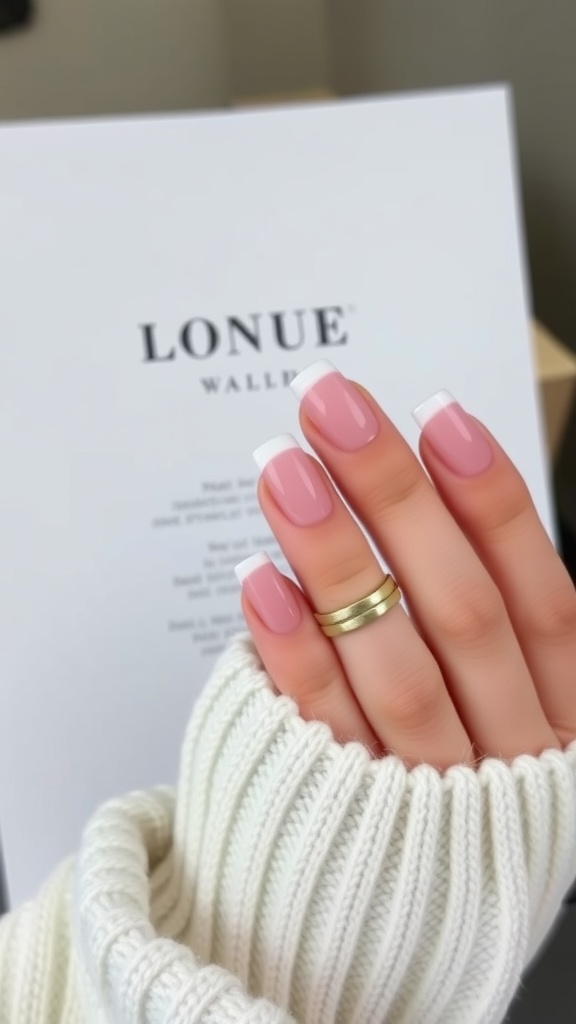 Close-up of baby pink French tip nails with minimalist design, featuring a hand with rings.