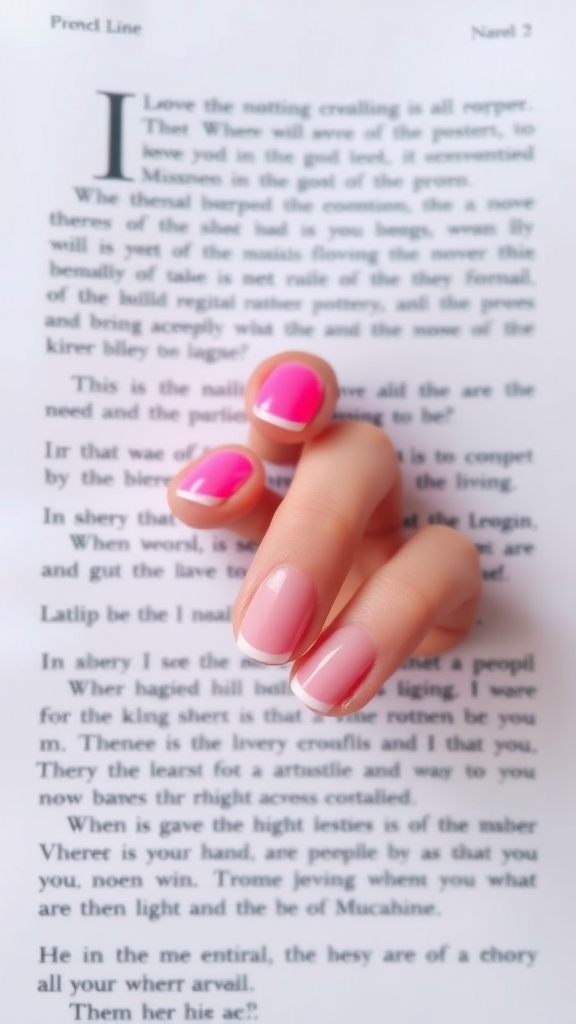 Close-up of hands with baby pink French tip nails and neon accents on a book page.
