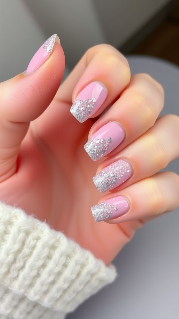 Baby pink French tip nails with ombre glitter on the tips.
