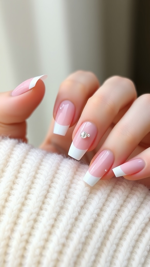 Baby pink French tip nails with white tips and pearl accents.