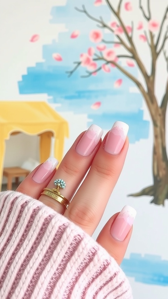 A hand with baby pink French tip nails featuring watercolor effects, showcasing a soft pink base and white tips.