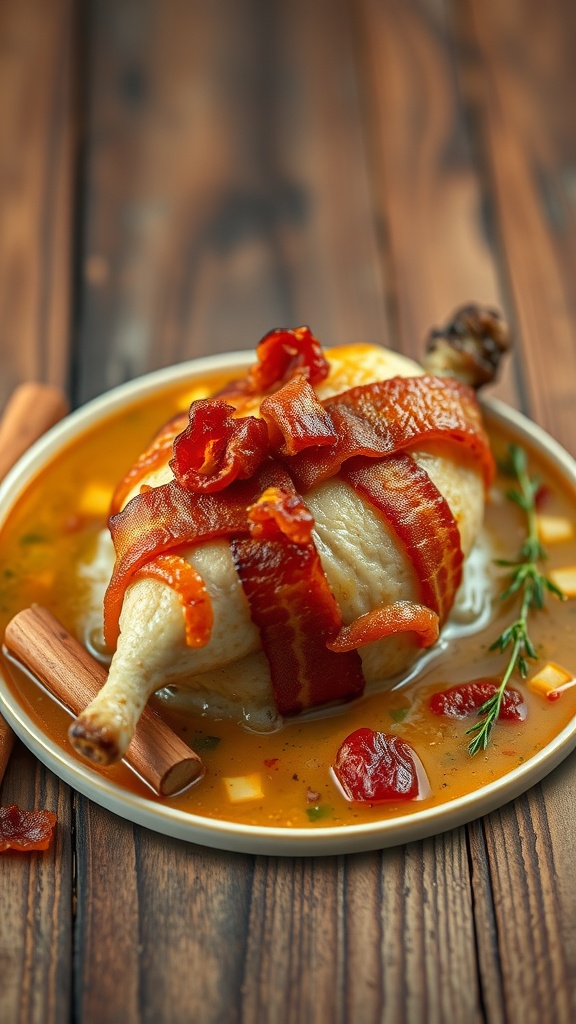 A bowl of bacon-wrapped chicken soup with herbs and spices.