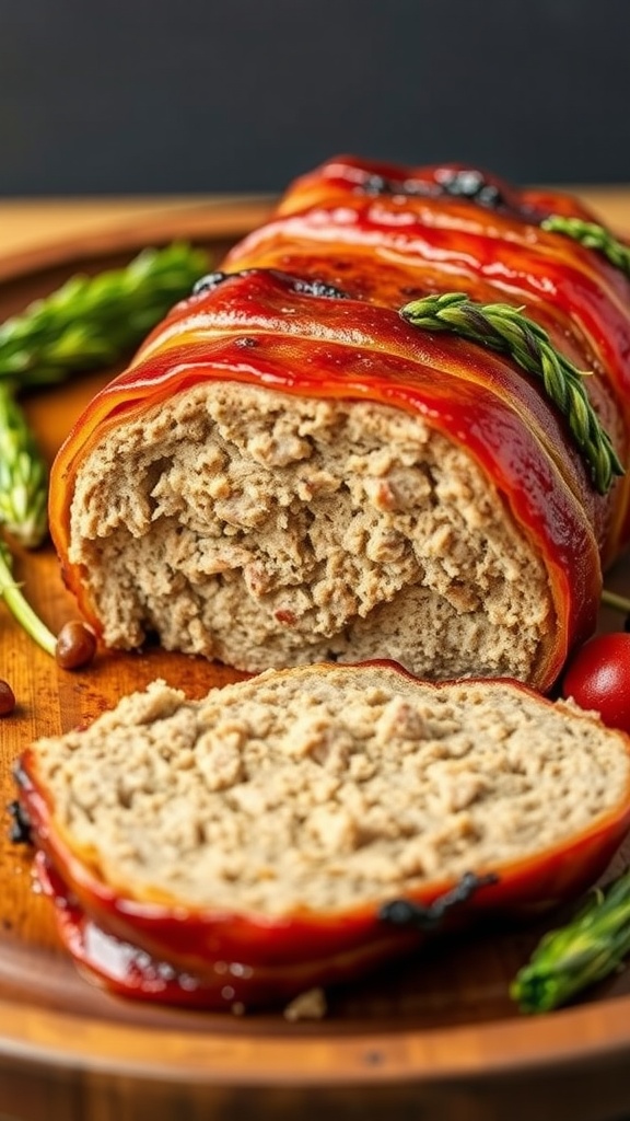 Bacon-wrapped keto meatloaf sliced to show texture