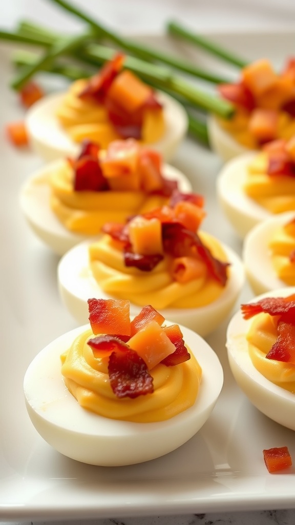 Delicious bacon and cheddar deviled eggs garnished with crispy bacon pieces.