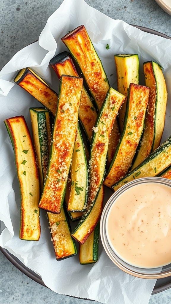 Baked Parmesan Zucchini Fries arranged on a plate with a dipping sauce
