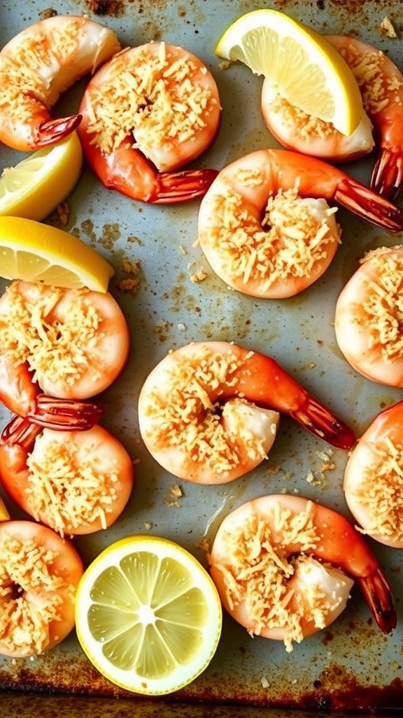 Baked shrimp topped with Parmesan cheese and served with lemon.