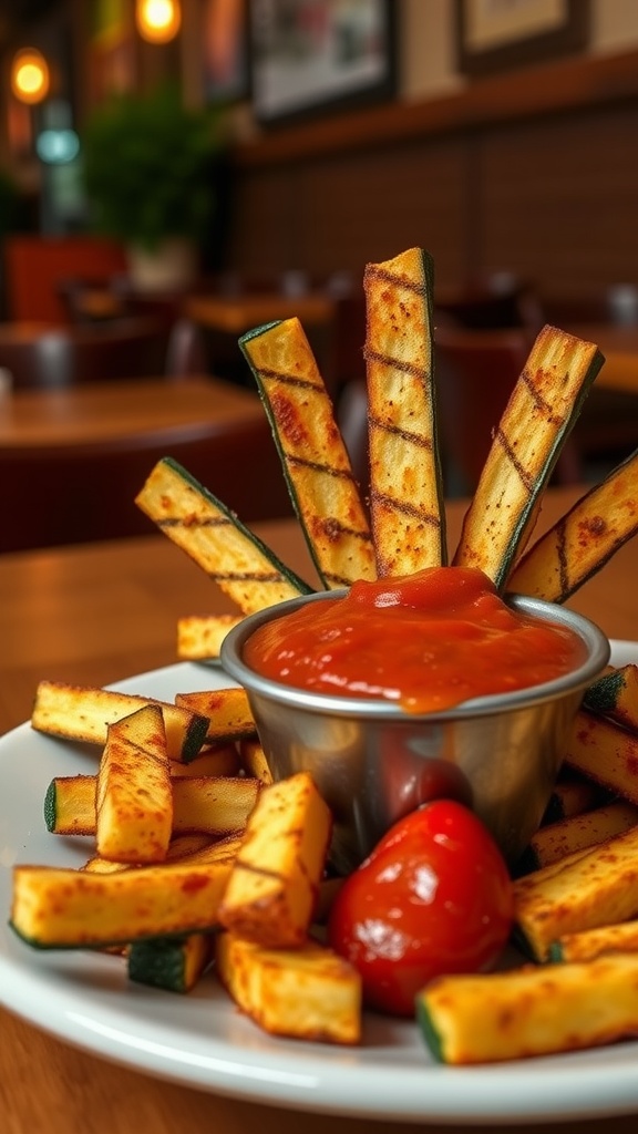 A plate of baked zucchini fries served with marinara sauce.