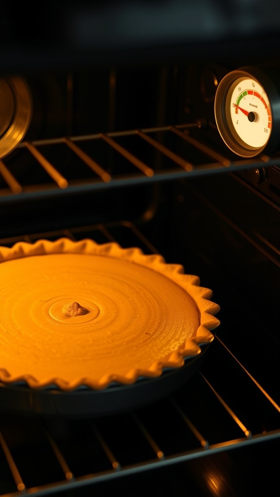 A pumpkin pie baking in the oven
