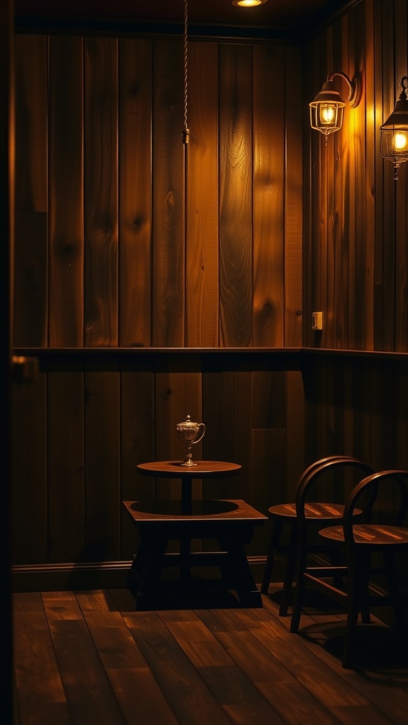 A cozy interior with dark wood paneling, featuring soft lighting and simple furniture.