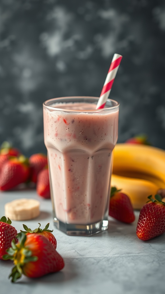 A refreshing strawberry banana smoothie in a glass with a straw, surrounded by fresh strawberries and a banana.