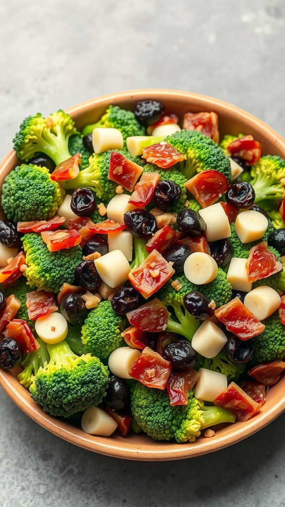 A bowl of broccoli salad with bacon, cranberries, and cheese