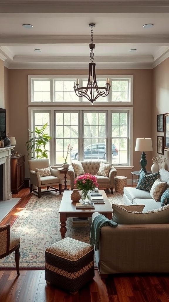 A cozy living room showcasing colonial chic interior design with a blend of formal and casual elements.