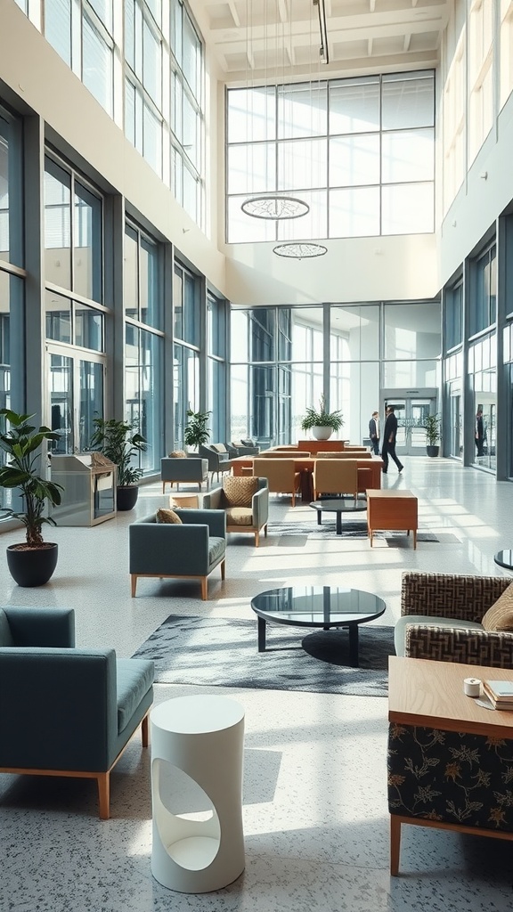 A spacious lobby with modern furniture, large windows, and plants.