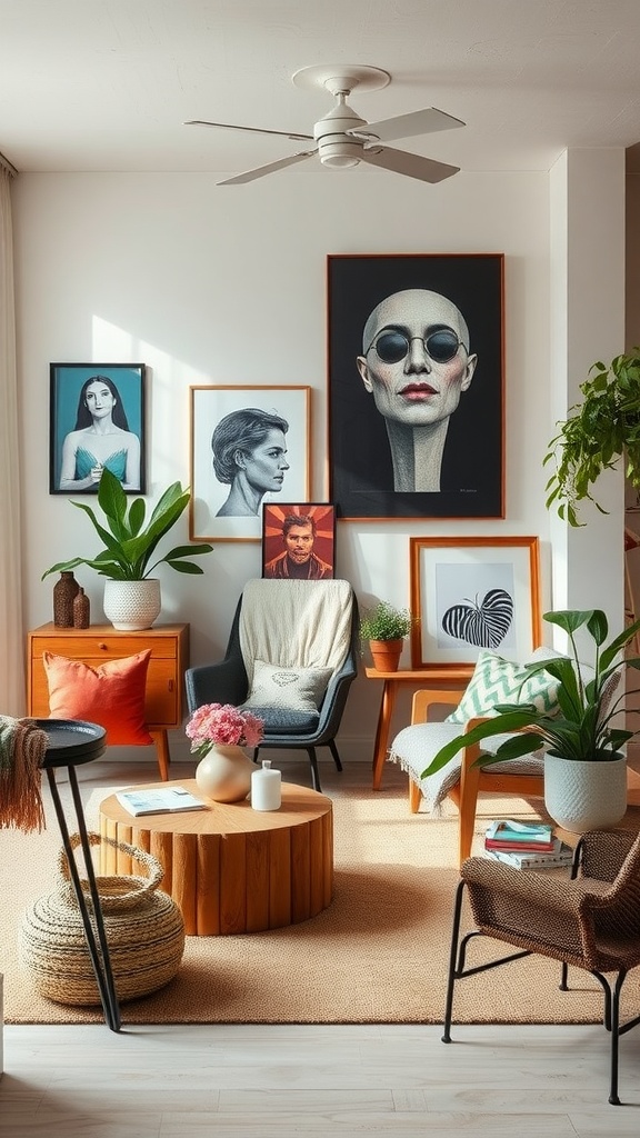 A bohemian styled living room featuring vibrant artworks, comfortable seating, and plenty of greenery.